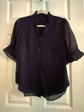 Ann Taylor Navy Sheer Ruffle-Sleeve Button Blouse